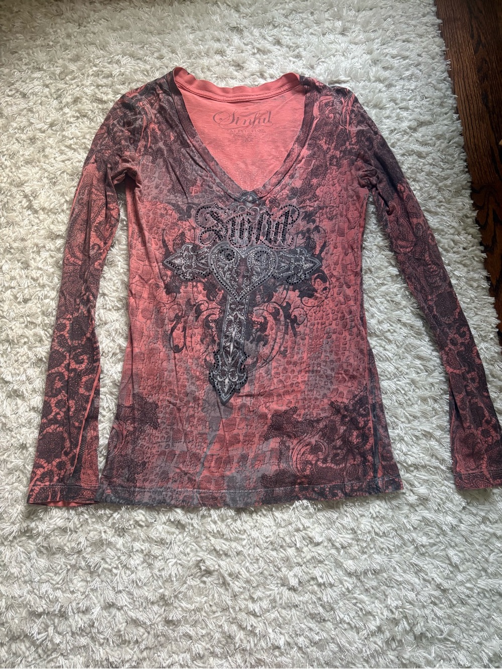 Affliction Women's Long-Sleeve V-Neck Graphic Top in Coral and Black